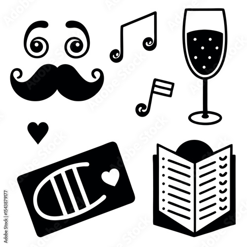 Cute black and white date night icons isolated on white background