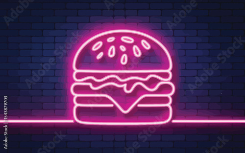 glowing neon burger sign on brick wall background representing fast food icon with cheese, lettuce, and bun in trendy urban art style