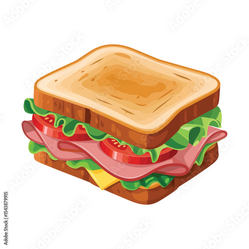 delicious ham and cheese sandwich with fresh lettuce and tomato on toasted bread, isolated on white background, perfect for lunch or snack