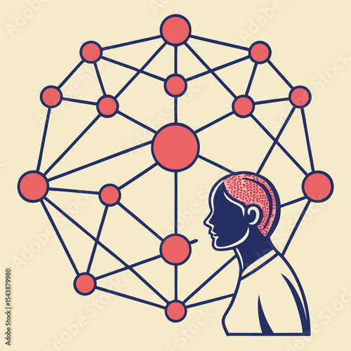 A network illustration connected to a persons head representing communication and technology