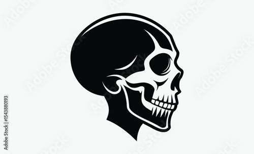 Skull silhouette profile, side view skull icon, black and white vector, Halloween design art, spooky bone illustration