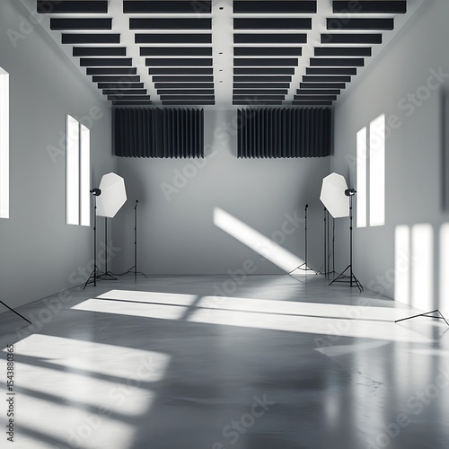A high-contrast photograph of a sleek, modern photo studio with polished concrete floors, sound-absorbing baffles suspended from the ceiling, and a deliberate absence of decorations.