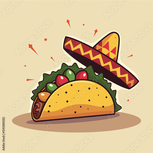 Taco with vegetables and sombrero on neutral background  