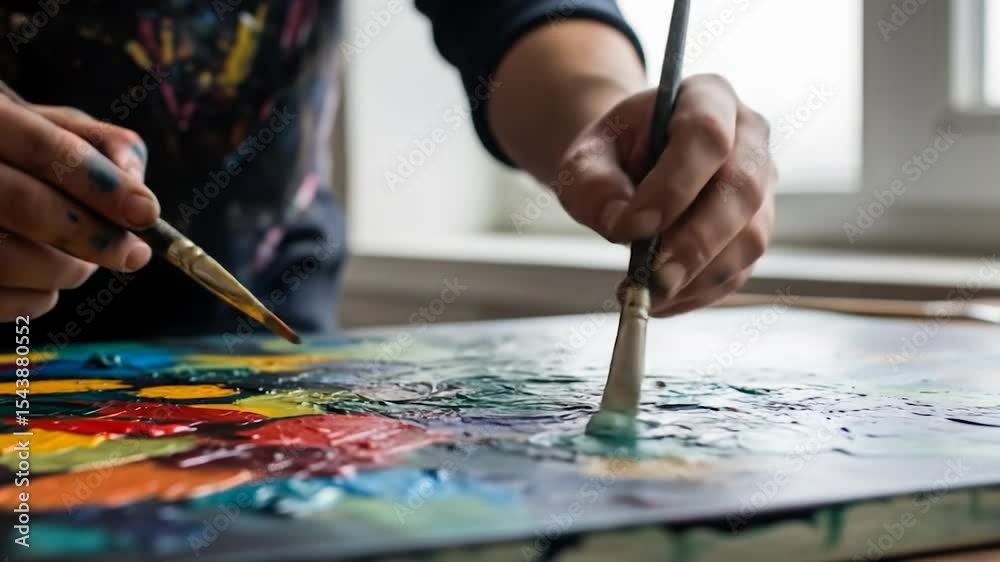 Artist's Hands Painting Colorful Abstract Art on Canvas with Two Brushes near Window Light