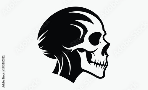 Skull silhouette profile, side view skull icon, black and white vector, Halloween design art, spooky bone illustration