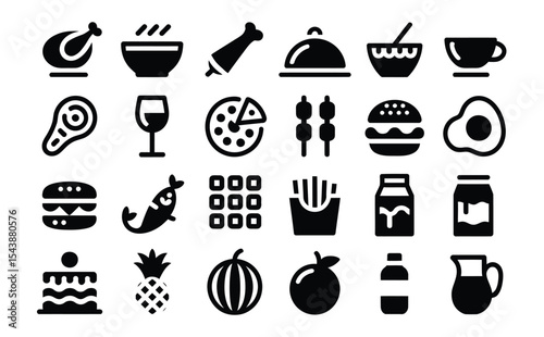 collection of 25 minimal black food and drink icons including meat, fruits, vegetables, desserts, beverages and kitchenware symbols