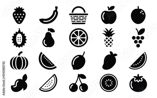 set of 20 black silhouette fruit icons including strawberry, banana, apple, pineapple, watermelon, and more for graphic design projects
