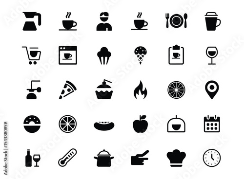 collection of 30 black food and kitchen icons including beverages, utensils, cooking tools, ingredients, and restaurant elements