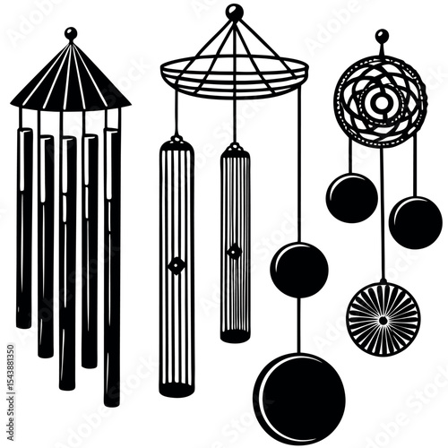 Three different wind chimes isolated on white background