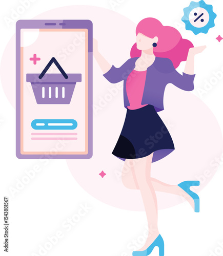 Woman Using Shopping App – Online Shopping and Mobile E-commerce Illustration