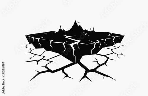 Surface crack silhouette, earthquake fissure icon, black and white vector