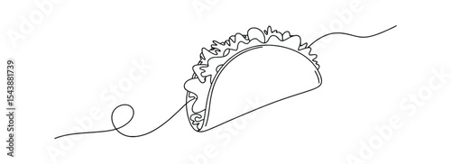 continuous line drawing of a taco with lettuce, cheese, and meat, showcasing minimalistic Mexican cuisine illustration on white background