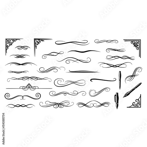 Elegant vector flourish design elements decorative swirls borders and corner ornaments for decoration design