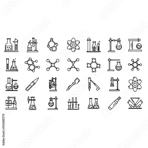 Chemistry science lab equipment molecule atom beaker flask test tube experiment research line icon set vector