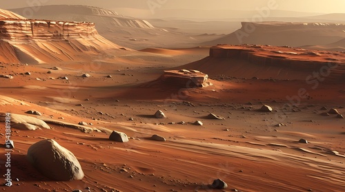 High-resolution professional photograph of a Martian hillscape featuring rust-red plateaus with subtle, layered textures, scattered rocks of varying sizes, and visible wind-blown sediment.