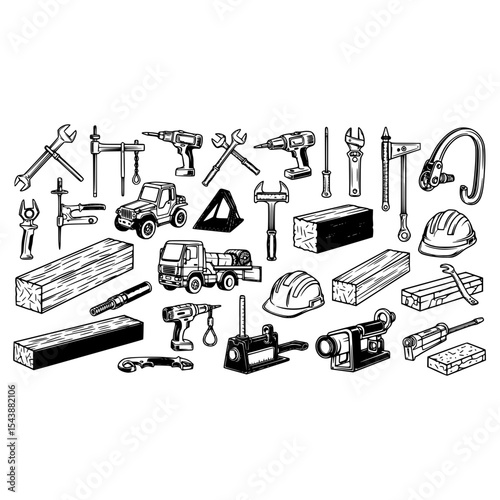 Hand drawn construction tools set with drill, wrench, helmet, wood, truck, and safety equipment vector art