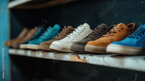 A vibrant display of colorful sneakers lined up on a shelf, showcasing diverse styles and emphasizing trends in fashion, personal expression, and contemporary street style.