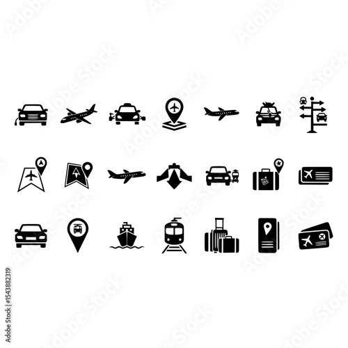 Transportation travel icons plane car train ship map location luggage ticket transport journey trip vector