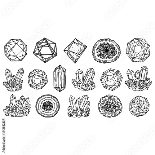 Crystals gems stones minerals quartz amethyst diamond drawing sketch vector illustration art design