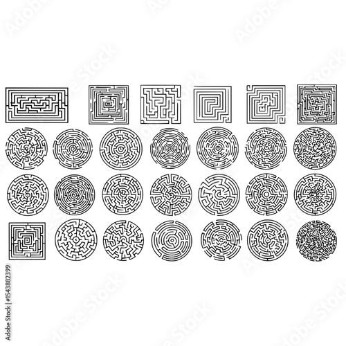Maze puzzle game labyrinth vector illustration circular square design complex challenge solution find way out