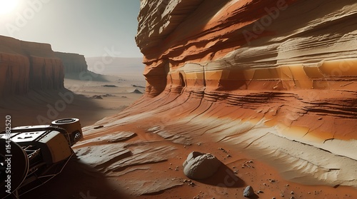 A professional photograph capturing a breathtaking vista of a Martian cliffside, mid-distance, with exposed stratified rock layers of rusty red, burnt orange, and sandy beige hues.
