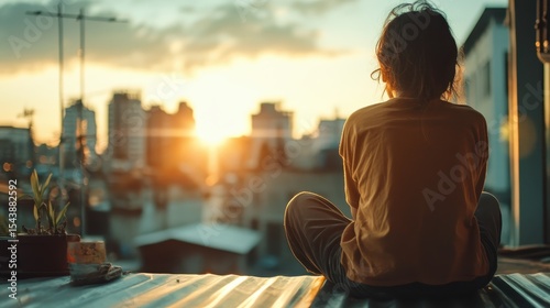 A lone figure sits on a rooftop, gazing at a stunning sunset over a city skyline, symbolizing contemplation and solitude amid urban life and transient moments of beauty.