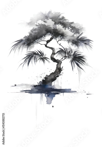 Ink Wash Painting of a Tree – Minimalist Japanese Style