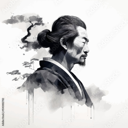 Samurai Portrait in Watercolor Ink Style