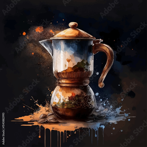 Copper Coffee Pot in Watercolor Splash Style on Dark Background