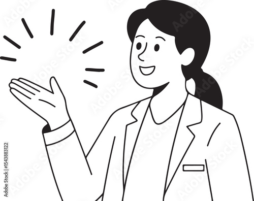 Friendly female doctor cartoon character smiling in uniform with open hand gesture symbolizing care, trust, and health service