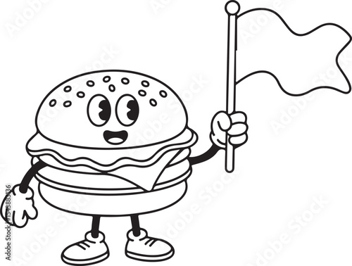 Cheerful cartoon burger character holding flag in playful food mascot design perfect for fast food branding and children’s graphics