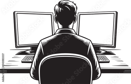 Male figure silhouette sitting in front of dual monitor setup in office space for tech, programming, or IT workspace themes