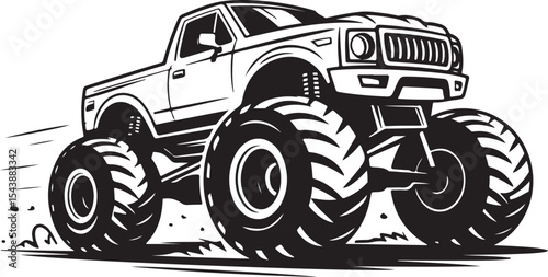 Powerful monster truck silhouette bouncing on rugged terrain with oversized tires for off-road performance and adventure thrills