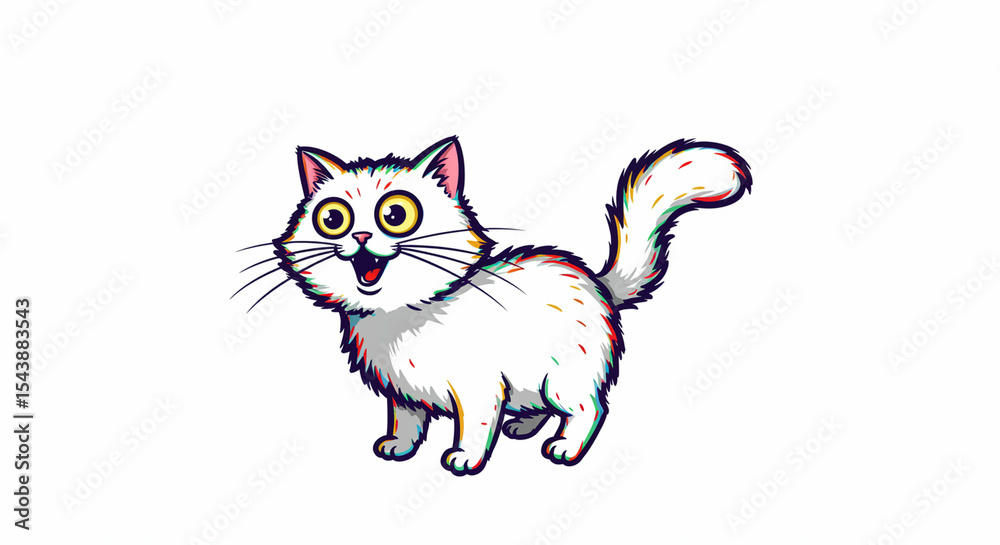 Obraz premium White cartoon cat with big eyes mouth open bushy tail