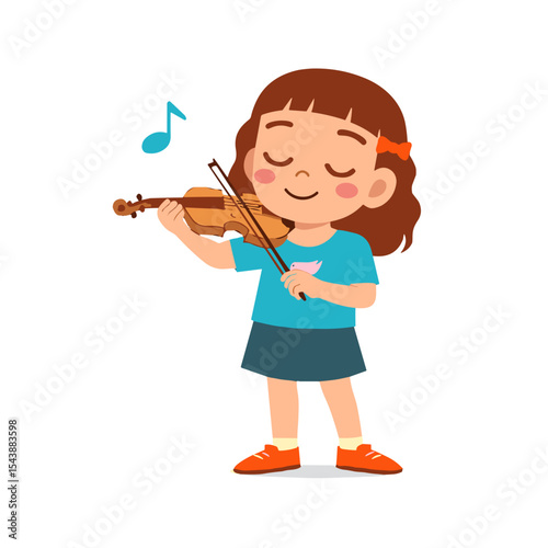 Cartoon illustration of a left-handed girl playing the violin with joyful mood, colorful flat style, musical talent on white background