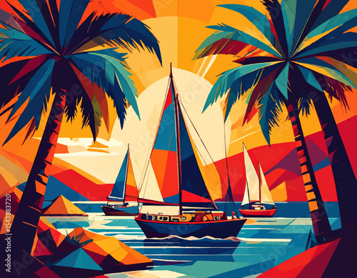 Retro Sailboat Poster – Geometric Ocean Landscape in Cubist Style