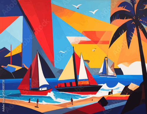 Retro Sailboat Poster – Geometric Ocean Landscape in Cubist Style
