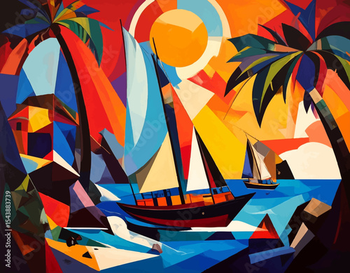 Retro Sailboat Poster – Geometric Ocean Landscape in Cubist Style