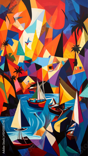 Retro Sailboat Poster – Geometric Ocean Landscape in Cubist Style