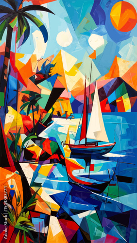 Retro Sailboat Poster – Geometric Ocean Landscape in Cubist Style