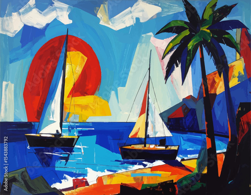 Retro Sailboat Poster – Geometric Ocean Landscape in Cubist Style
