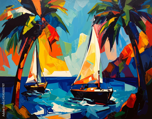 Retro Sailboat Poster – Geometric Ocean Landscape in Cubist Style
