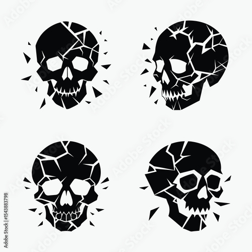 Broken skull silhouette set, cracked head icon, black and white vector