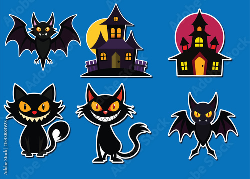 Spooky Halloween Black Cat and Bat Sticker Set