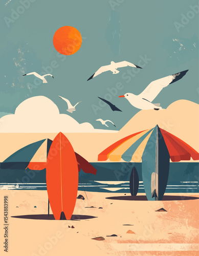 Retro Beach Poster with Surfboards and Umbrellas under Sunny Sky