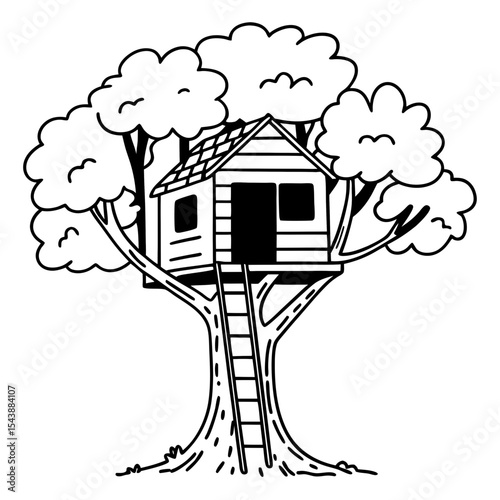 Treehouse Vector Illustration Playful Line Art Tree House Design