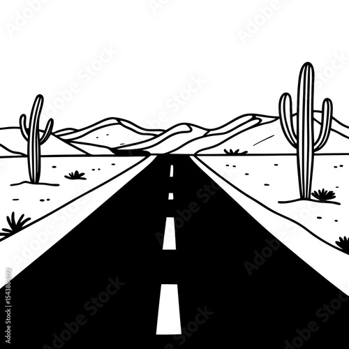 Desert Road Cactuses Landscape Illustration Black and White Monochrome