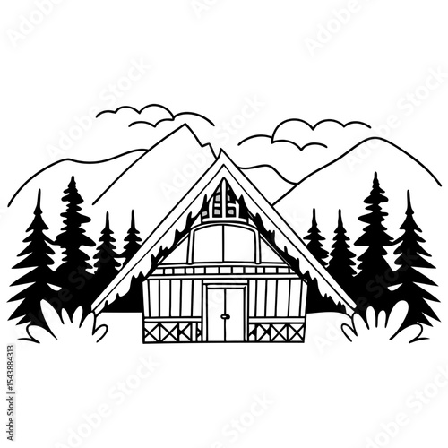 Vector Illustration of Cabin in the Woods Mountain Landscape Design