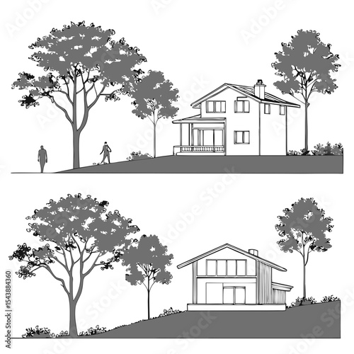 Minimal style cad tree line drawing, Side view, set of section garden, wetland forest outline for landscape design drawing. Vector illustration 