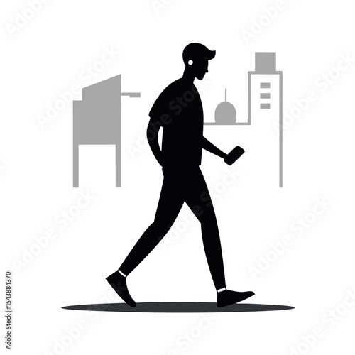 Man Walking on Street Using Phone Black Vector